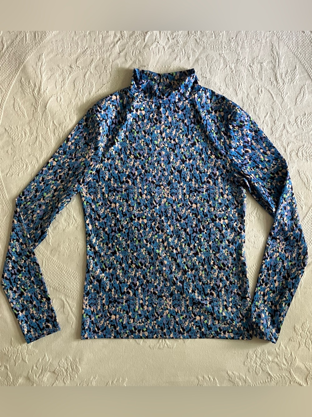 Mango | Blue Floral Mock Neck Top | Stretch | Size M